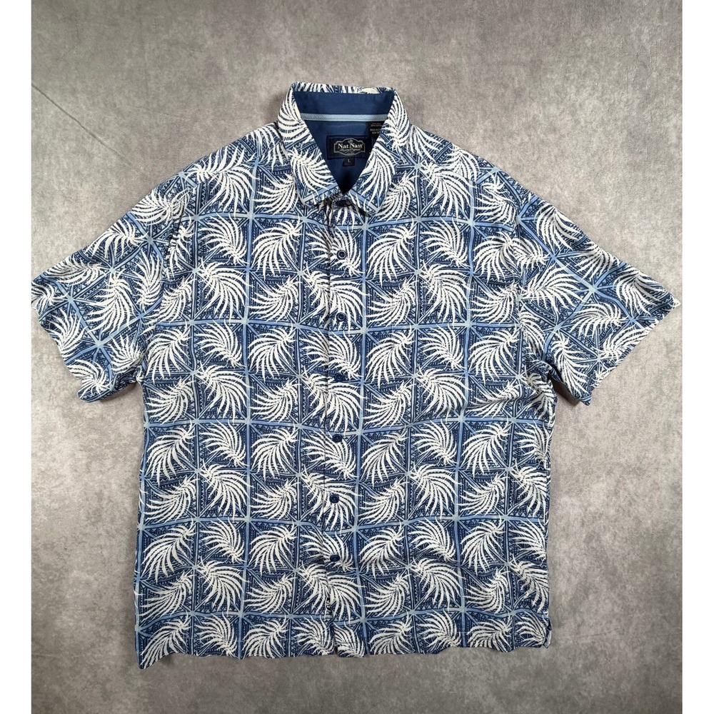 Nat Nast Mens Large Silk Blend Shirt Blue White Fern Geometric Short Sleeve